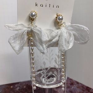 Faux Pearl and Bow Drop Earrings